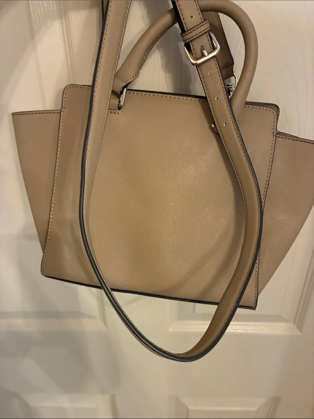 Karl Lagerfeld Taupe Saffiano Leather Satchel with Detachable Strap